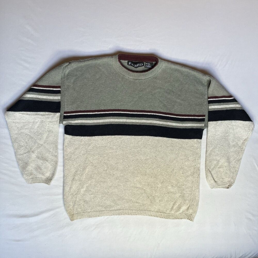 VTG Knit Sweater Mens L Large Stripes Pazzo White Black Maroon 90s Boxy Cotton